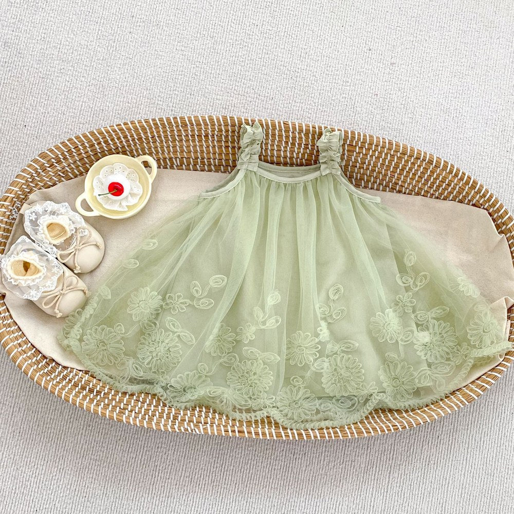 Sleeveless Solid Color Flowers Pattern Dress for Stylish Girls