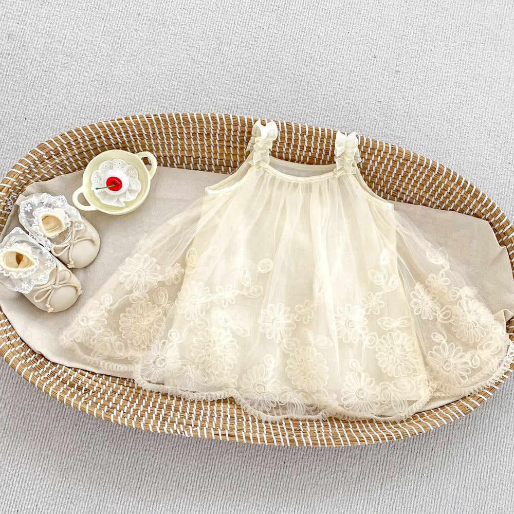 Sleeveless Solid Color Flowers Pattern Dress for Stylish Girls