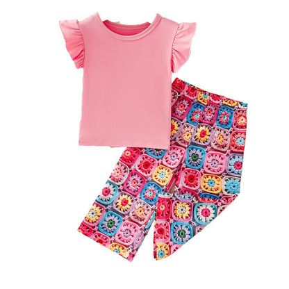Baby Kids Girls Fly Sleeves Pink T-shirt and Floral Pants 2-piece Set