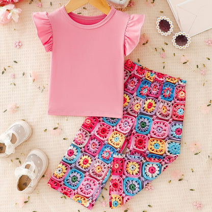 Baby Kids Girls Fly Sleeves Pink T-shirt and Floral Pants 2-piece Set