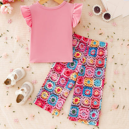 Baby Kids Girls Fly Sleeves Pink T-shirt and Floral Pants 2-piece Set
