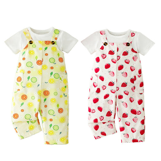 Baby Kids Girls Short Sleeves White T-shirt and Fruits Pattern Overalls 2-piece Set