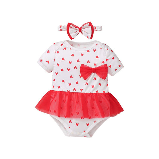 Baby Kids Girls Short Sleeves Hearts Pattern Bodysuit