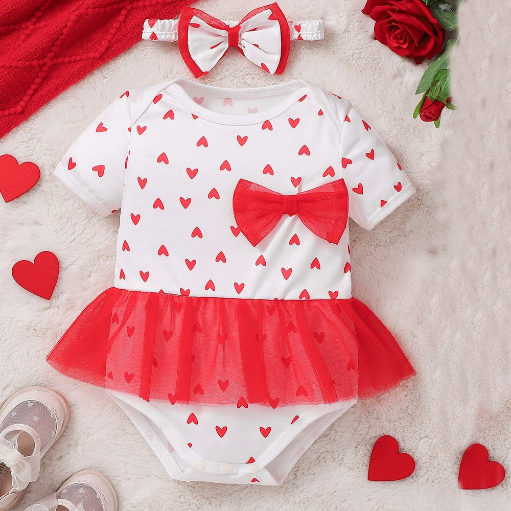 Baby Kids Girls Short Sleeves Hearts Pattern Bodysuit