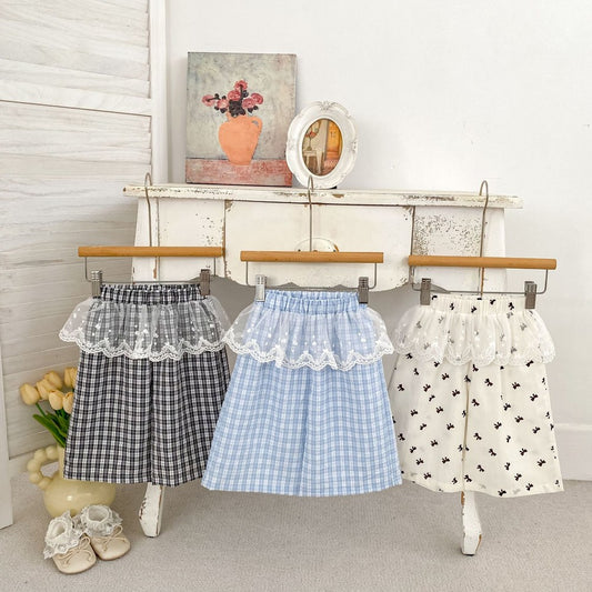 Baby Kids Girls Casual Lace Trim Plaid Pants