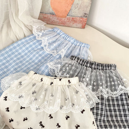 Baby Kids Girls Casual Lace Trim Plaid Pants