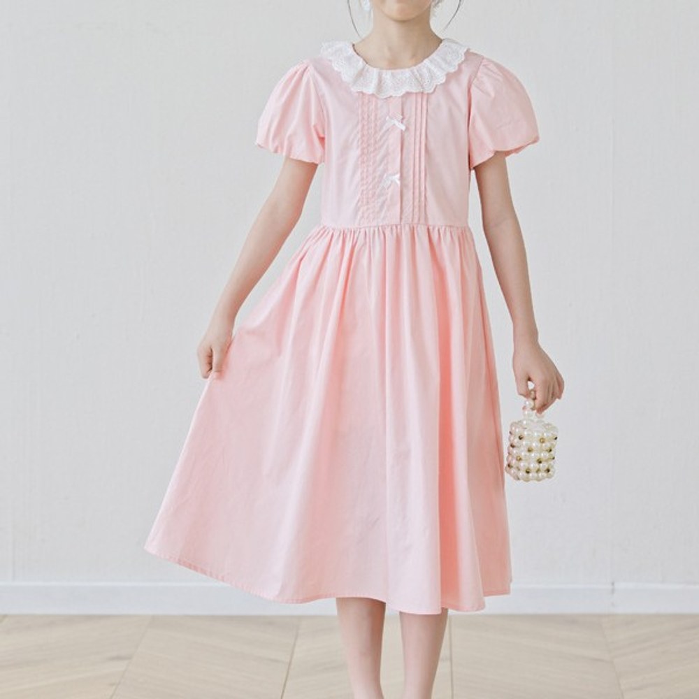 Short Sleeves Color Patchwork Collar Pink Dress for Stylish Girls