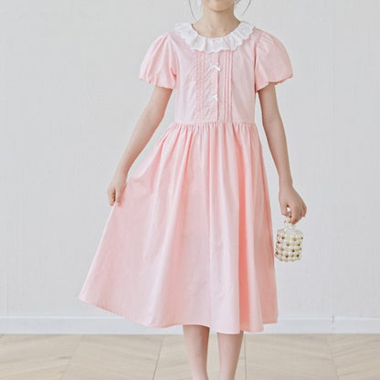 Short Sleeves Color Patchwork Collar Pink Dress for Stylish Girls