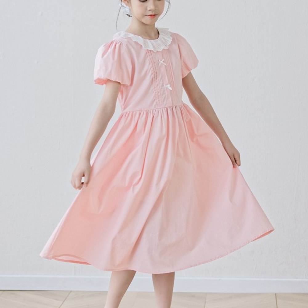 Short Sleeves Color Patchwork Collar Pink Dress for Stylish Girls