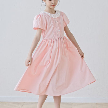Short Sleeves Color Patchwork Collar Pink Dress for Stylish Girls
