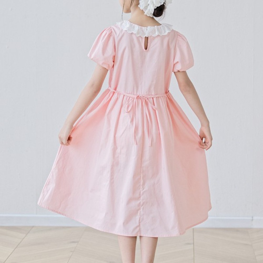 Short Sleeves Color Patchwork Collar Pink Dress for Stylish Girls