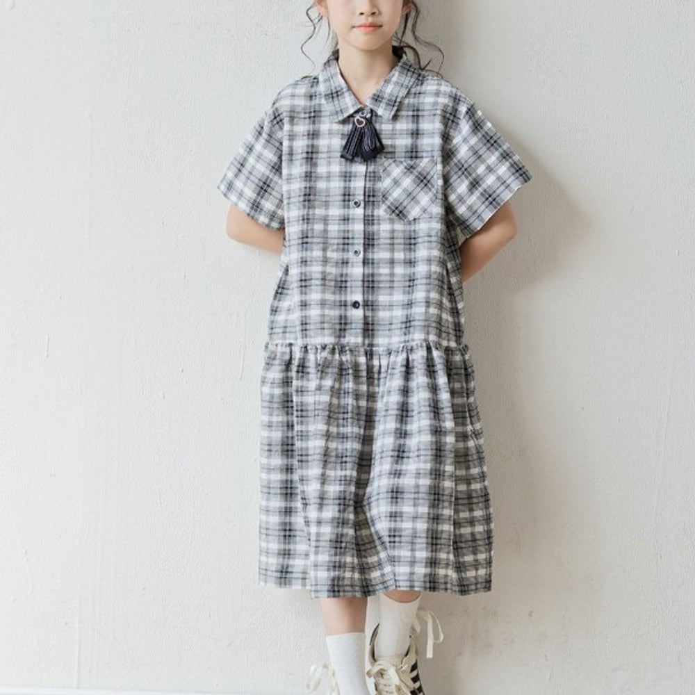 Short Sleeves Turn-down Collar Plaid Dress for Stylish Girls