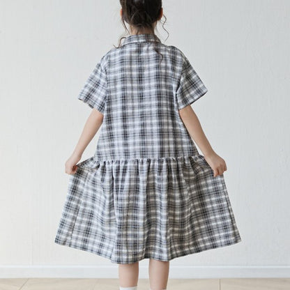 Short Sleeves Turn-down Collar Plaid Dress for Stylish Girls