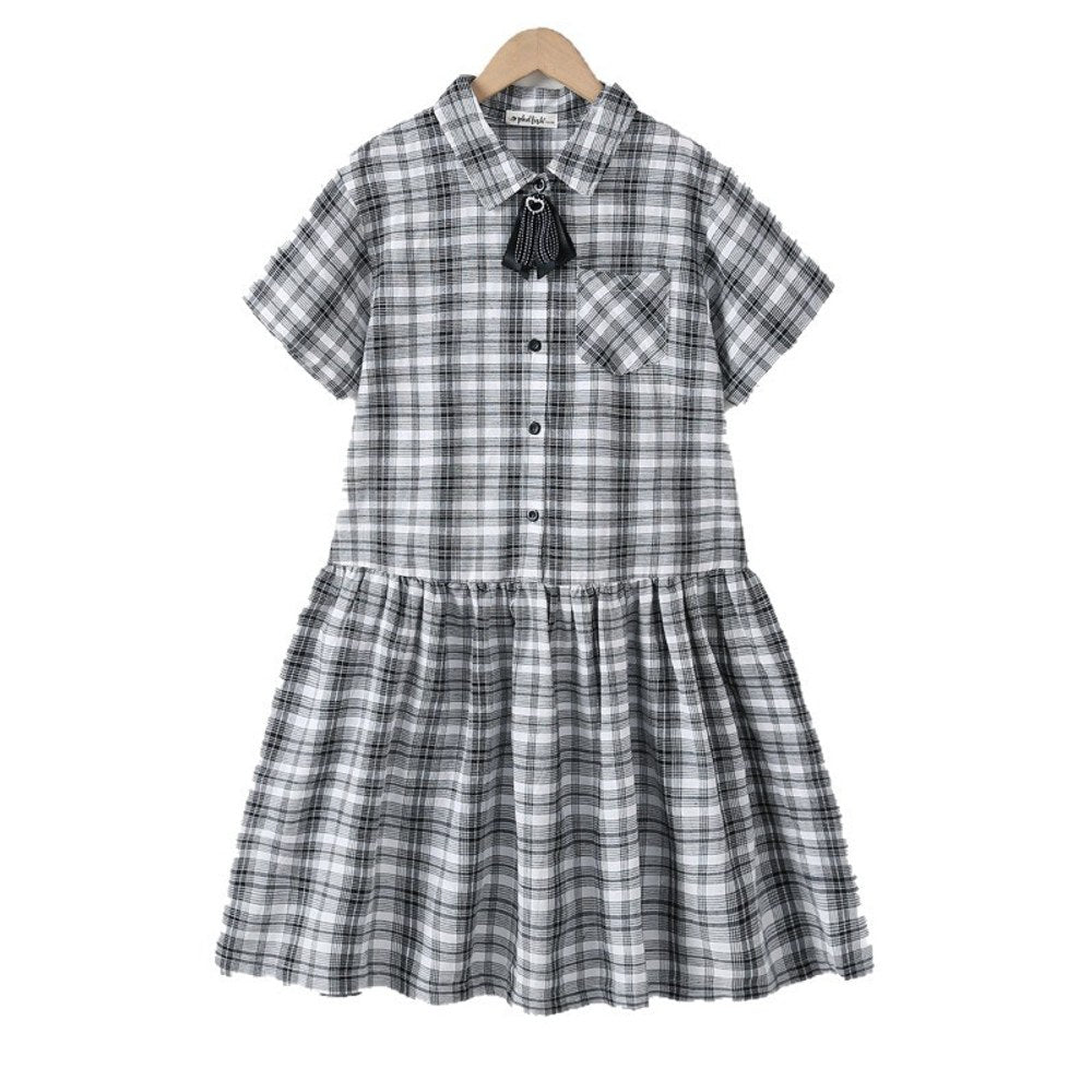 Short Sleeves Turn-down Collar Plaid Dress for Stylish Girls