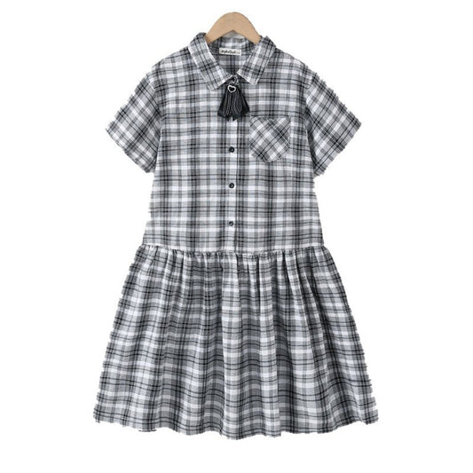Short Sleeves Turn-down Collar Plaid Dress for Stylish Girls