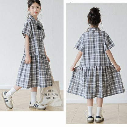 Short Sleeves Turn-down Collar Plaid Dress for Stylish Girls