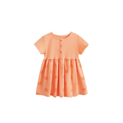 Baby Kids Girls Short Sleeves Polka Dots Pattern Color Patchwork Dress
