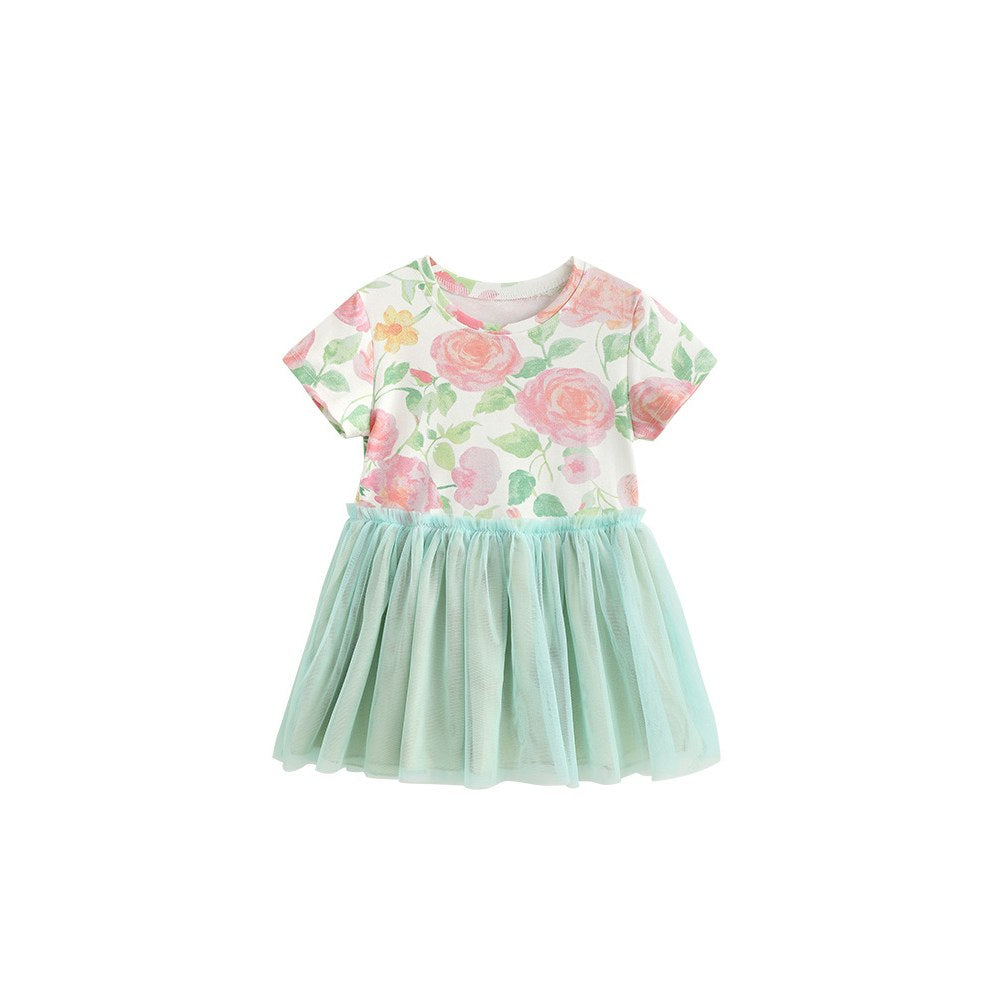Baby Kids Girls Short Sleeves Flowers Rose Pattern Color Patchwork Dress