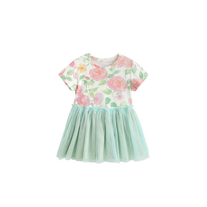 Baby Kids Girls Short Sleeves Flowers Rose Pattern Color Patchwork Dress