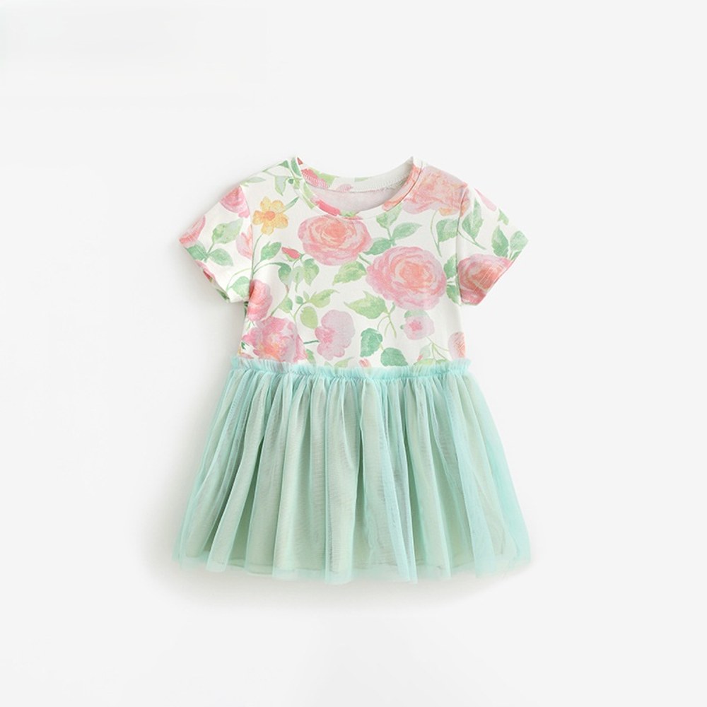 Baby Kids Girls Short Sleeves Flowers Rose Pattern Color Patchwork Dress