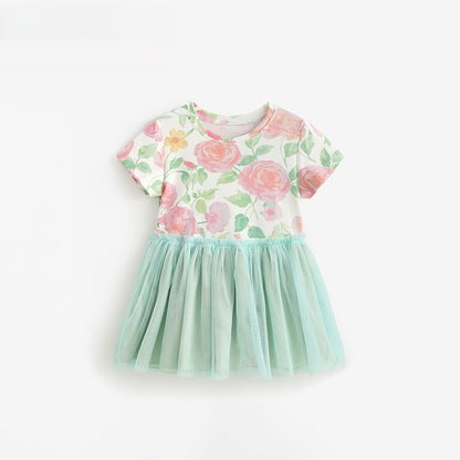 Baby Kids Girls Short Sleeves Flowers Rose Pattern Color Patchwork Dress