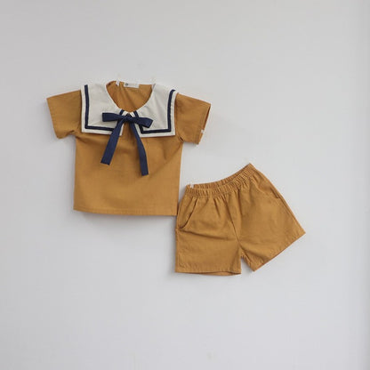Baby Kids Short Sleeves Navy Style Color Patchwork Top and Plain Shorts 2-Piece Clothing Set