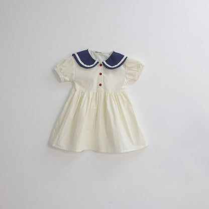 Baby Girls Short Sleeves Color Patchwork Navy Collar Dress