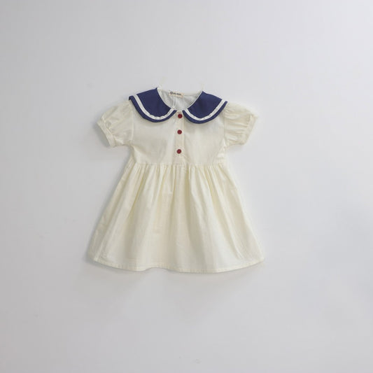 Baby Girls Short Sleeves Color Patchwork Navy Collar Dress