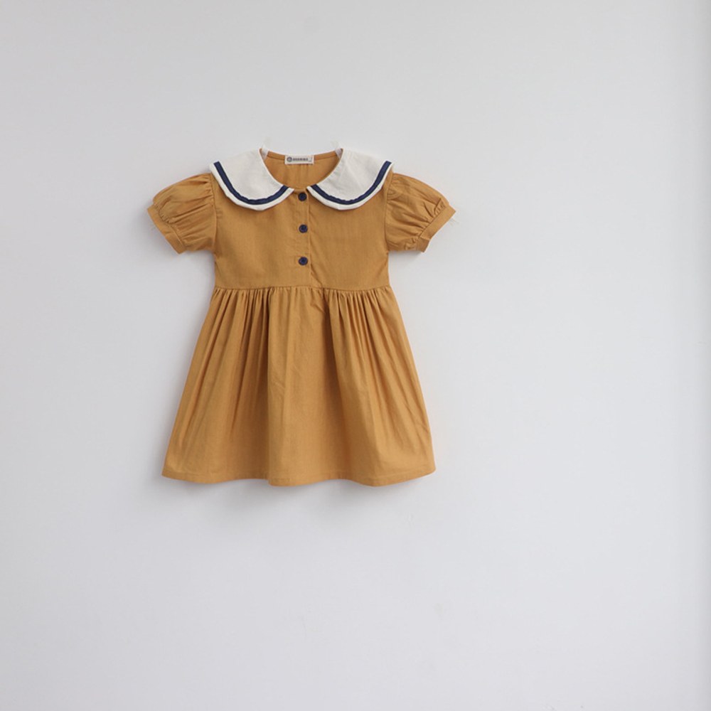 Baby Girls Short Sleeves Color Patchwork Navy Collar Dress