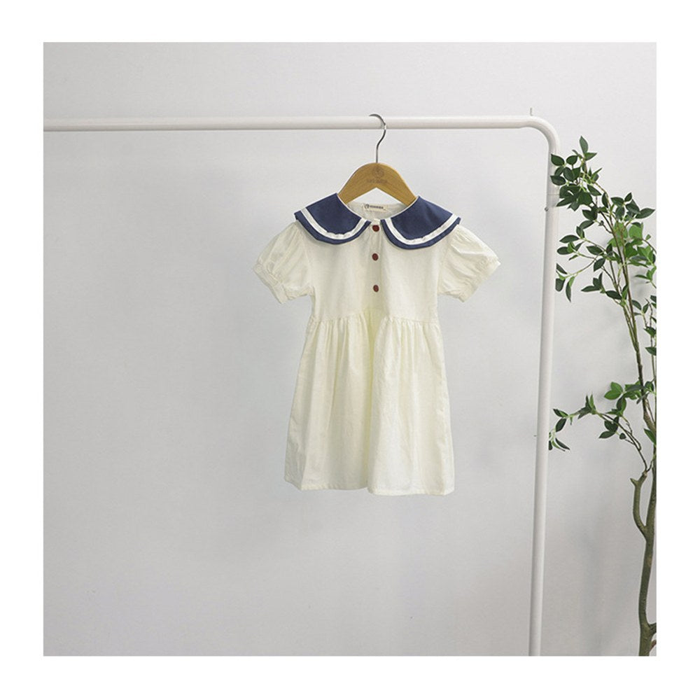Baby Girls Short Sleeves Color Patchwork Navy Collar Dress