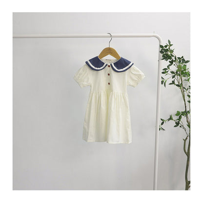 Baby Girls Short Sleeves Color Patchwork Navy Collar Dress
