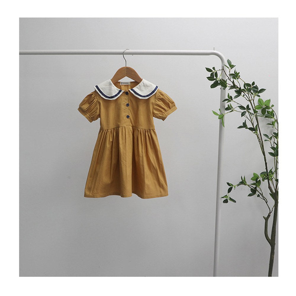 Baby Girls Short Sleeves Color Patchwork Navy Collar Dress