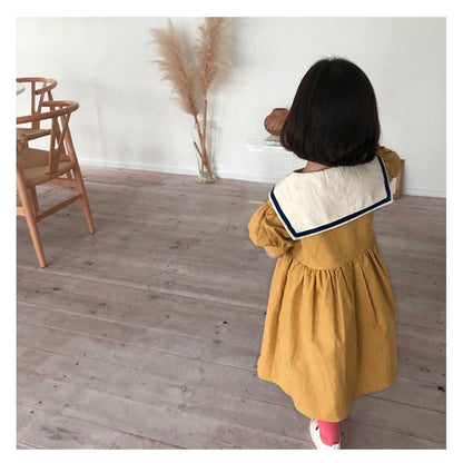 Baby Girls Short Sleeves Color Patchwork Navy Collar Dress