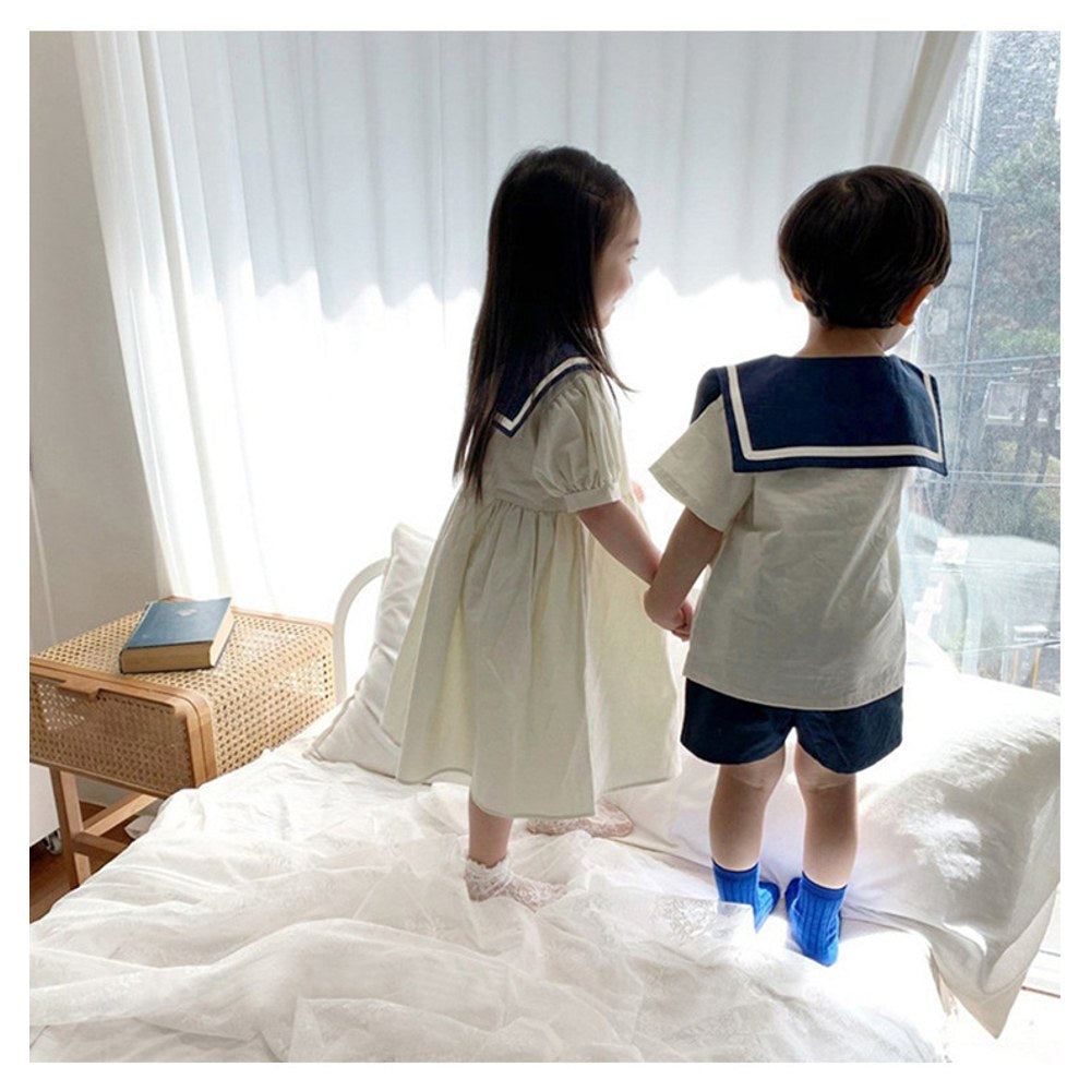 Baby Girls Short Sleeves Color Patchwork Navy Collar Dress
