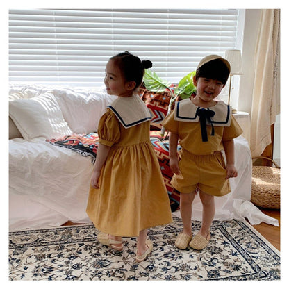 Baby Girls Short Sleeves Color Patchwork Navy Collar Dress