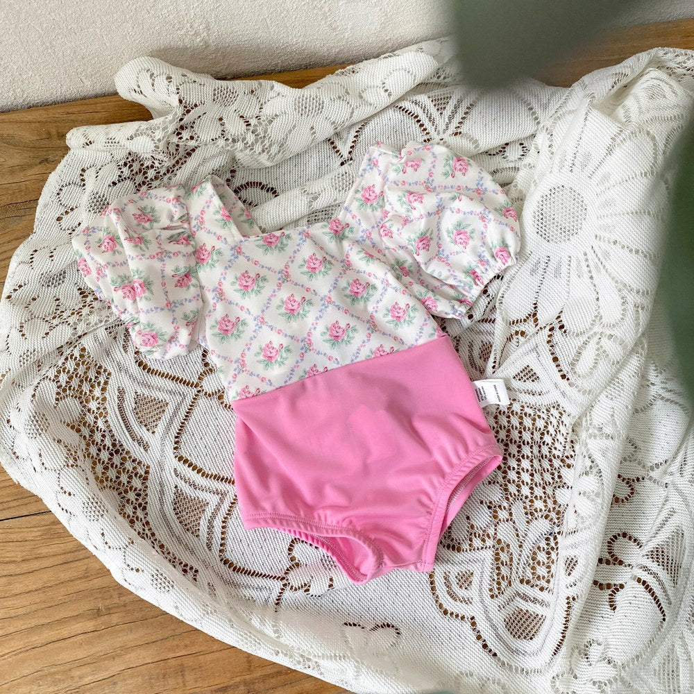 Girls' Flowers Pattern Color Patchwork One Piece Swimwear