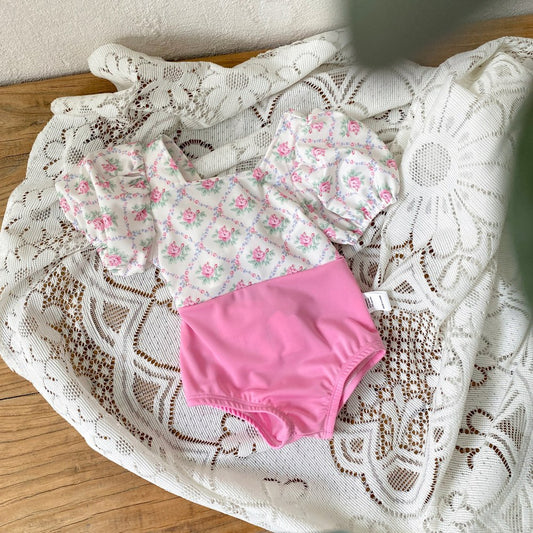 Girls' Flowers Pattern Color Patchwork One Piece Swimwear