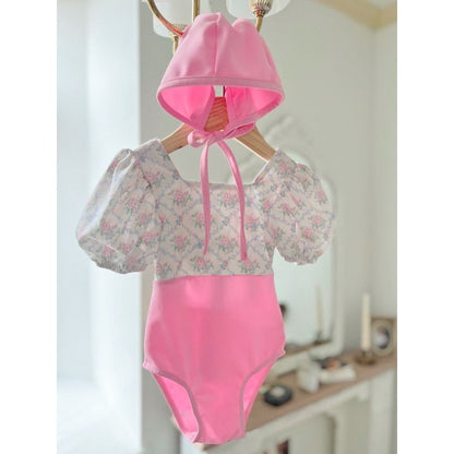 Girls' Flowers Pattern Color Patchwork One Piece Swimwear