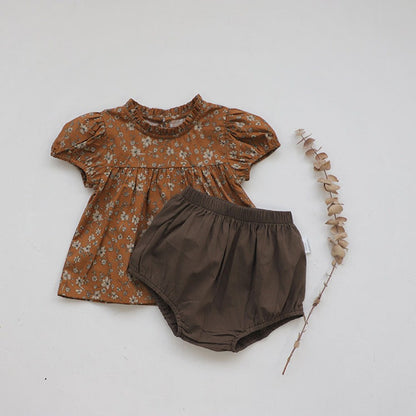 Baby Kids Girls Short Sleeves Vintage Flowers Pattern Top and Plain Shorts 2-Piece Clothing Set
