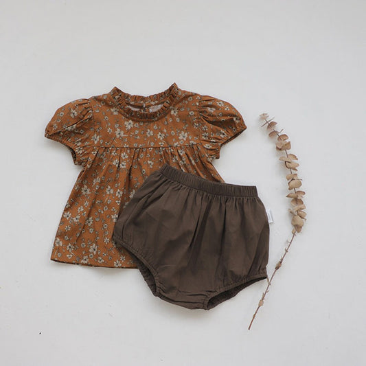 Baby Kids Girls Short Sleeves Vintage Flowers Pattern Top and Plain Shorts 2-Piece Clothing Set