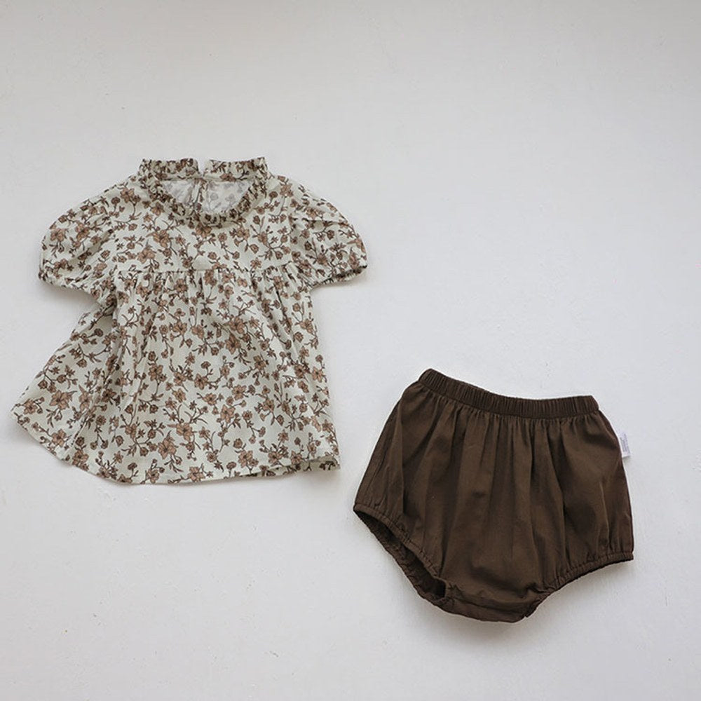 Baby Kids Girls Short Sleeves Vintage Flowers Pattern Top and Plain Shorts 2-Piece Clothing Set