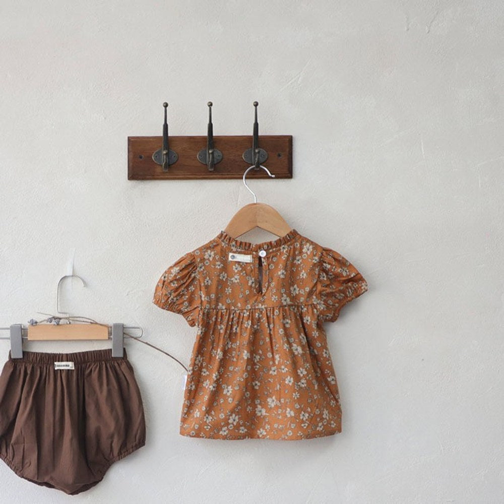 Baby Kids Girls Short Sleeves Vintage Flowers Pattern Top and Plain Shorts 2-Piece Clothing Set