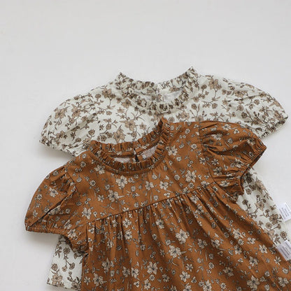 Baby Kids Girls Short Sleeves Vintage Flowers Pattern Top and Plain Shorts 2-Piece Clothing Set