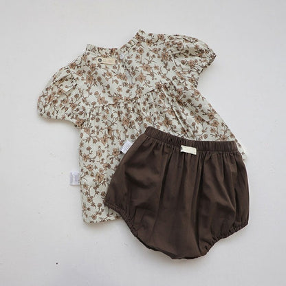 Baby Kids Girls Short Sleeves Vintage Flowers Pattern Top and Plain Shorts 2-Piece Clothing Set