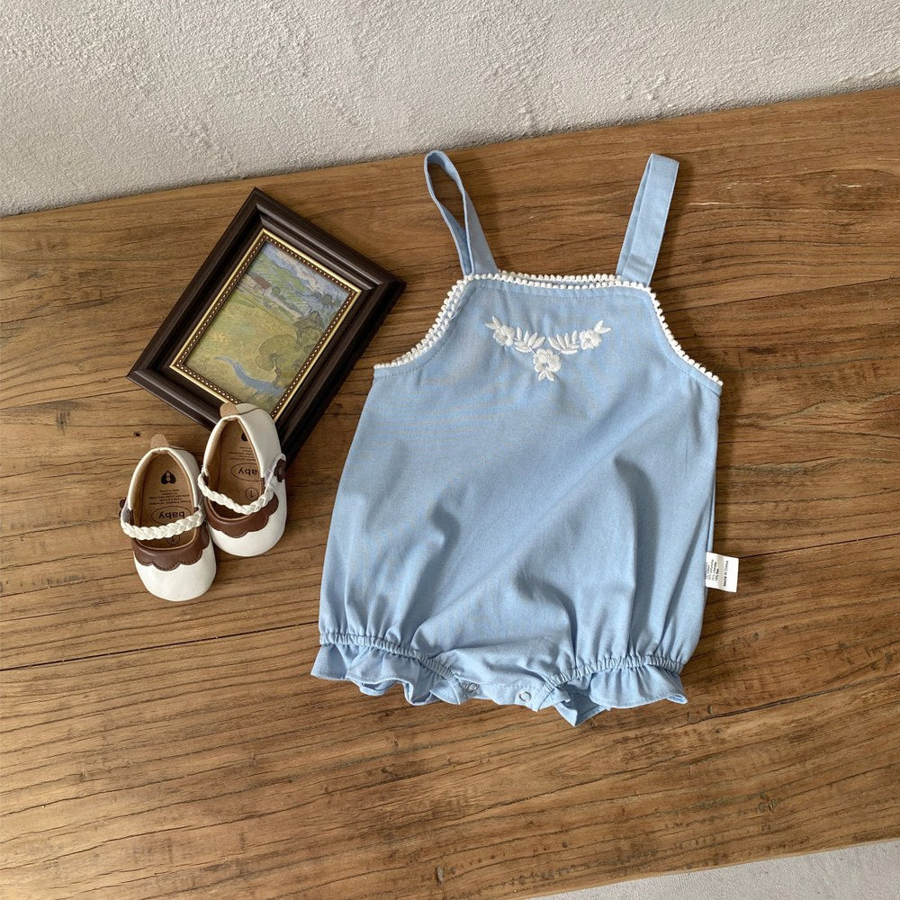 Baby Girls Sleeveless Embroidery Pattern Lace Trim Bodysuit
