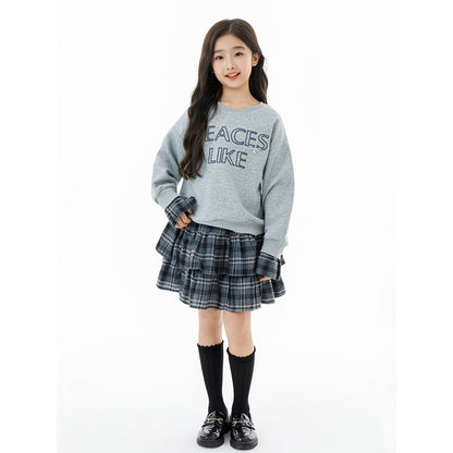 Kids Girls Long Sleeves Letters Pattern Sweatshirt and Plaid Skirt 2-Piece Clothing Set