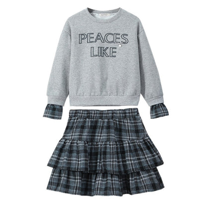 Kids Girls Long Sleeves Letters Pattern Sweatshirt and Plaid Skirt 2-Piece Clothing Set