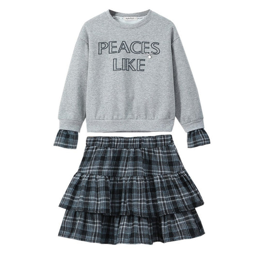 Kids Girls Long Sleeves Letters Pattern Sweatshirt and Plaid Skirt 2-Piece Clothing Set