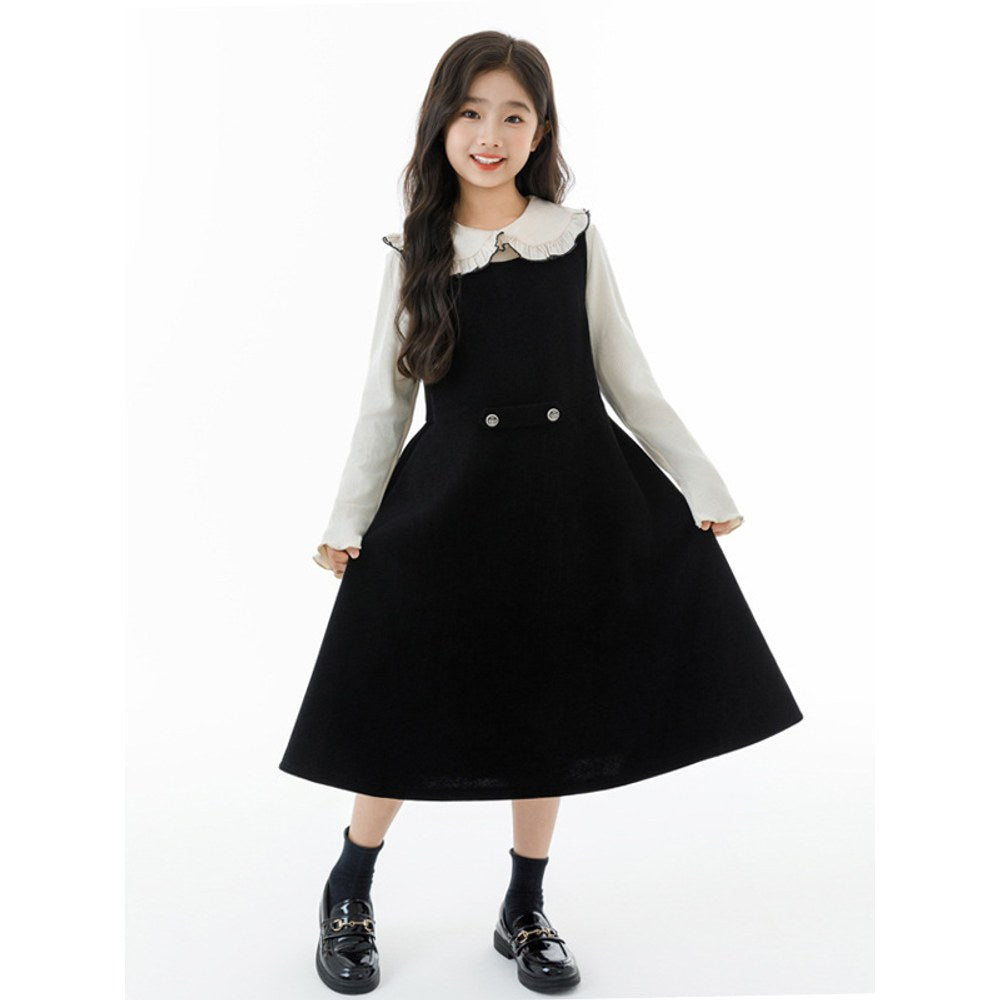 Kids Girls Long Sleeves Plain Top and Black Sleeveless Dress 2-Piece Clothing Set