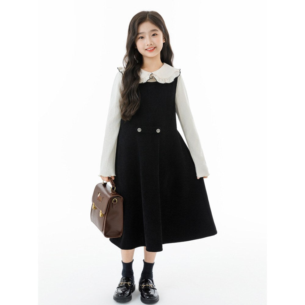 Kids Girls Long Sleeves Plain Top and Black Sleeveless Dress 2-Piece Clothing Set